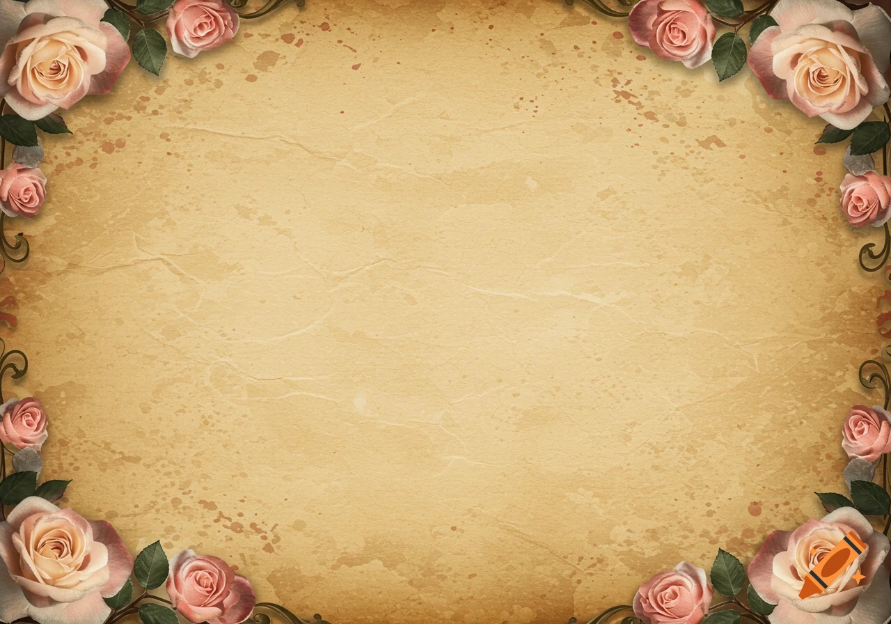 A vintage faded parchment texture background bordered with pink and cream roses and green leaves.