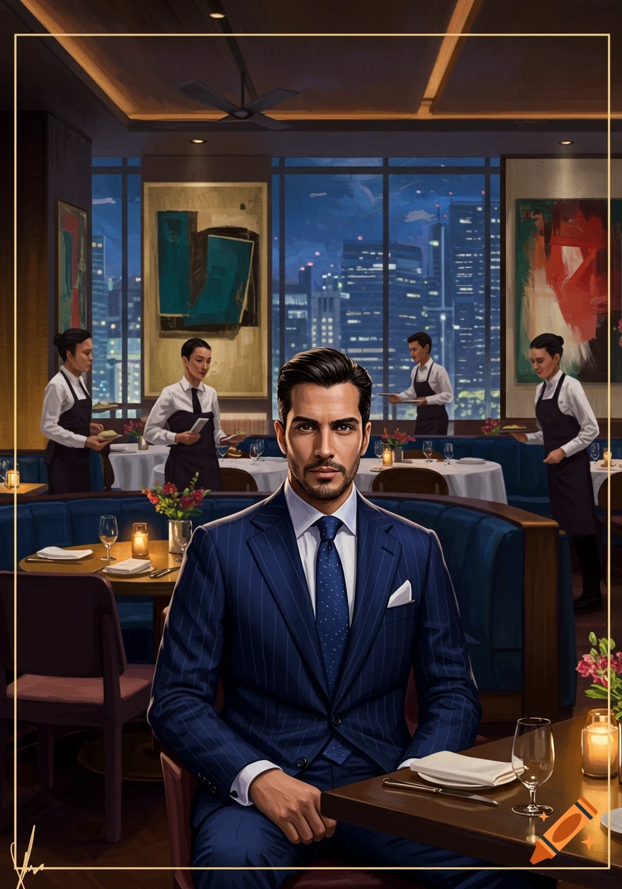 A stylish man in a pinstripe suit sits at a table in an upscale restaurant with a city skyline view at night, as servers work in the background.