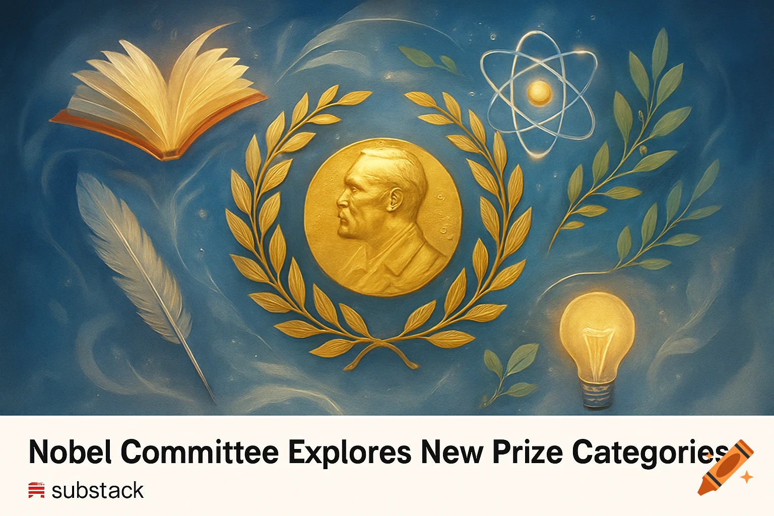 A stylized graphic featuring a golden Nobel medal, an open book, a quill, an atom, and a lightbulb on a blue background.