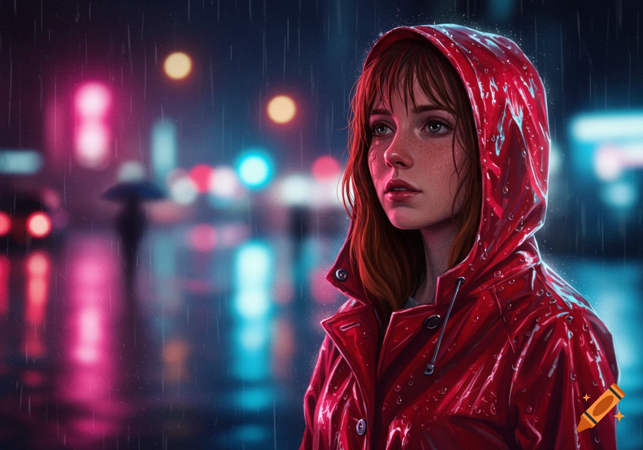 A woman with red hair and freckles in a shiny red raincoat stands in a rainy city at night, illuminated by neon lights.