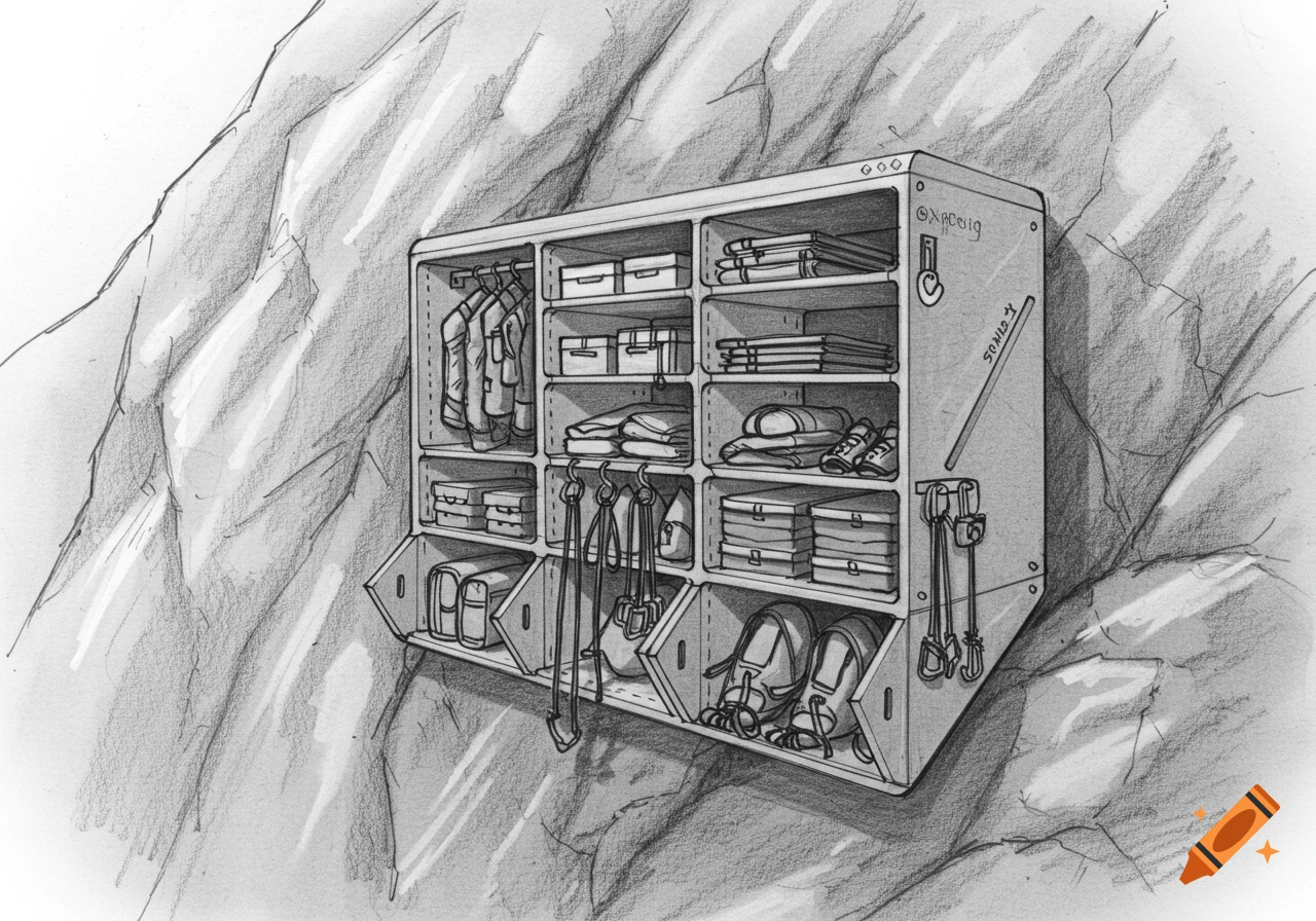Pencil sketch of a modular storage unit built into a rock face, filled with mountaineering gear and folded clothes.