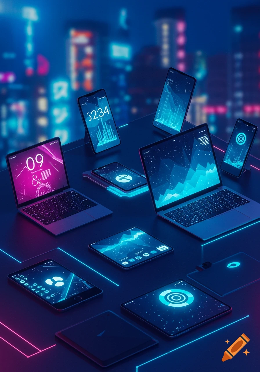 Isometric view of various digital devices (laptops, phones, tablets) with glowing screens, set against a blurred neon cityscape at night.