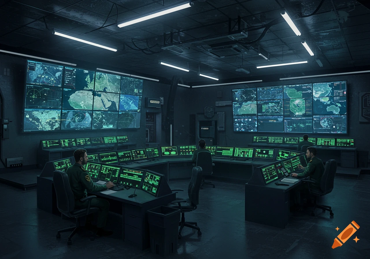 A dark, high-tech command center with multiple large screens displaying maps and data, and several uniformed personnel seated at control consoles.
