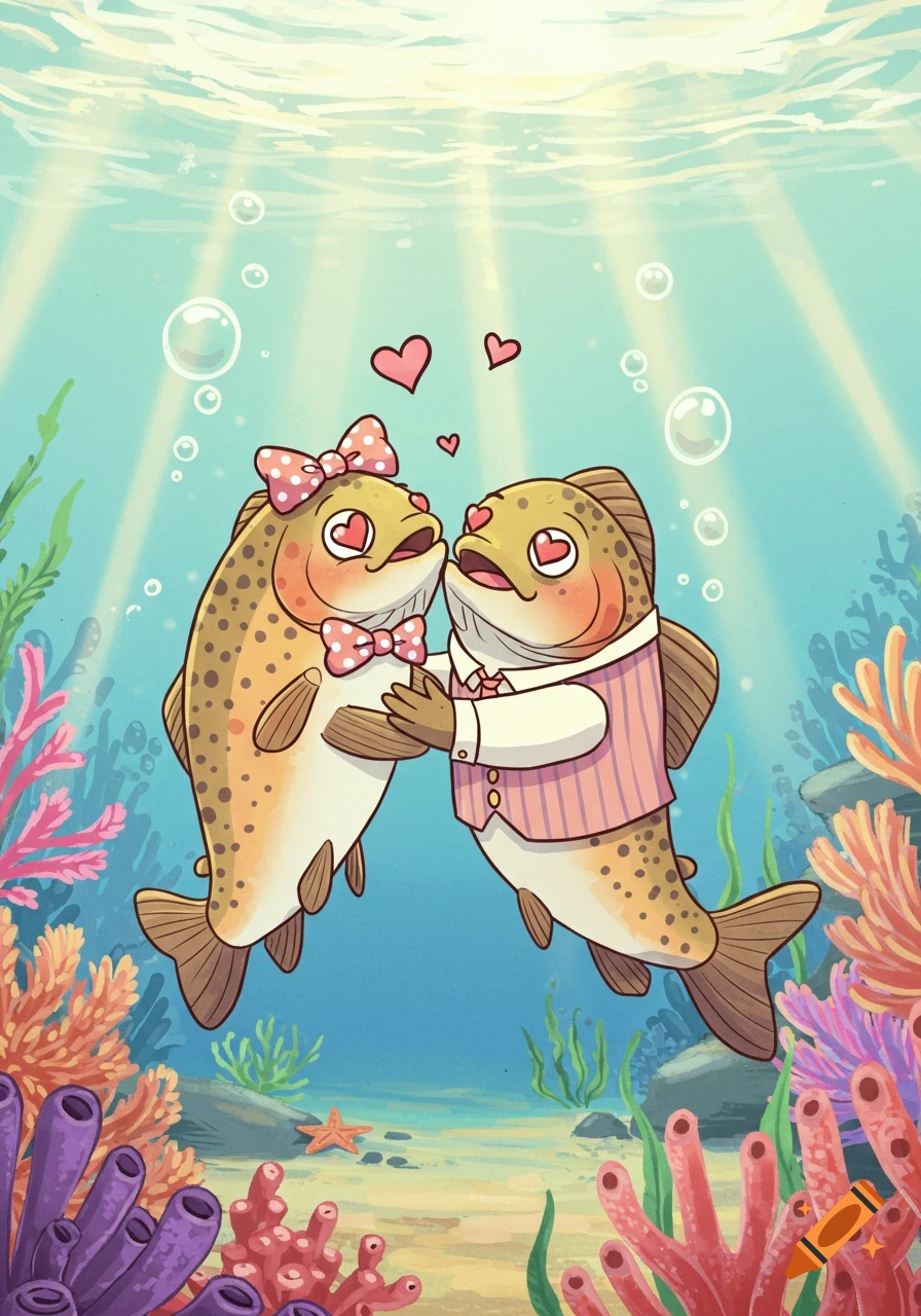 A cute cartoon illustration of two fish in love, dressed in formal attire, hugging underwater amidst colorful coral and bubbles.