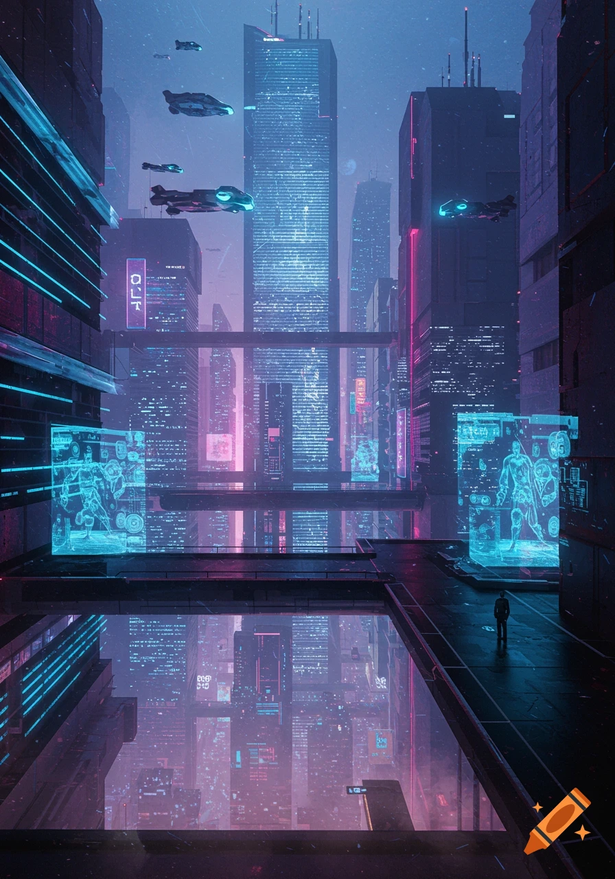 A dark, futuristic city with towering skyscrapers, flying vehicles, and glowing neon lights. A lone figure stands on a platform.