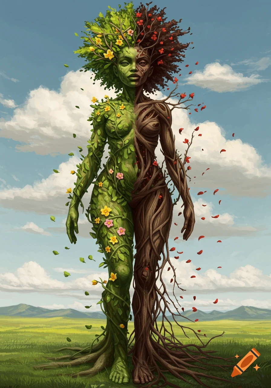 Fantasy art of Mother Nature as a Black woman, half covered in green foliage and flowers, half in brown roots and branches, in a field.