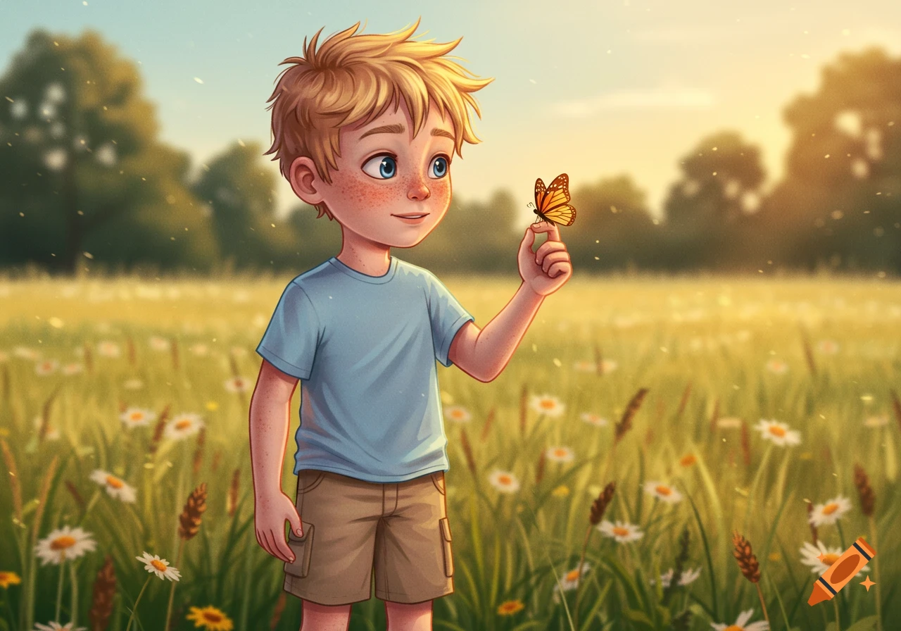 A cheerful cartoon boy with freckles, wearing a blue shirt and shorts, holding a butterfly on his finger in a sunny, grassy field.