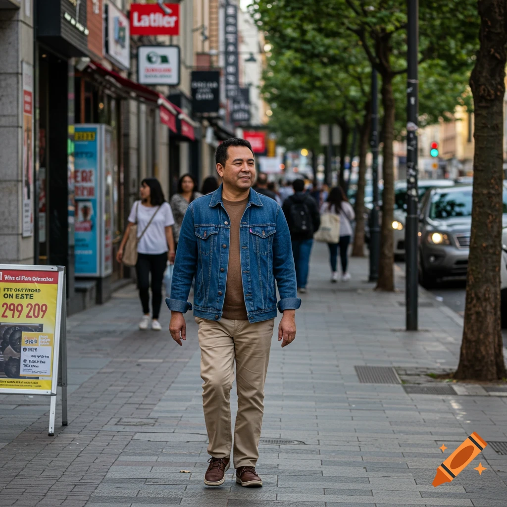 A man in a denim jacket and khaki pants walks on a city sidewalk past shops and other pedestrians.
