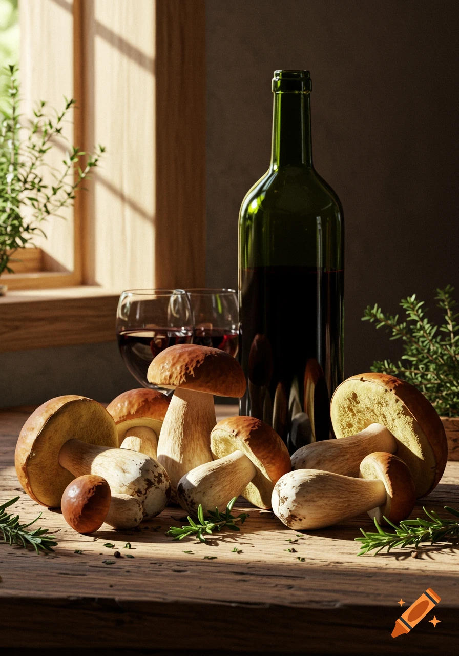 A photorealistic still life of various porcini and cardoncelli mushrooms, a dark wine bottle, and two glasses of red wine on a wooden table, lit by sunlight from a window.