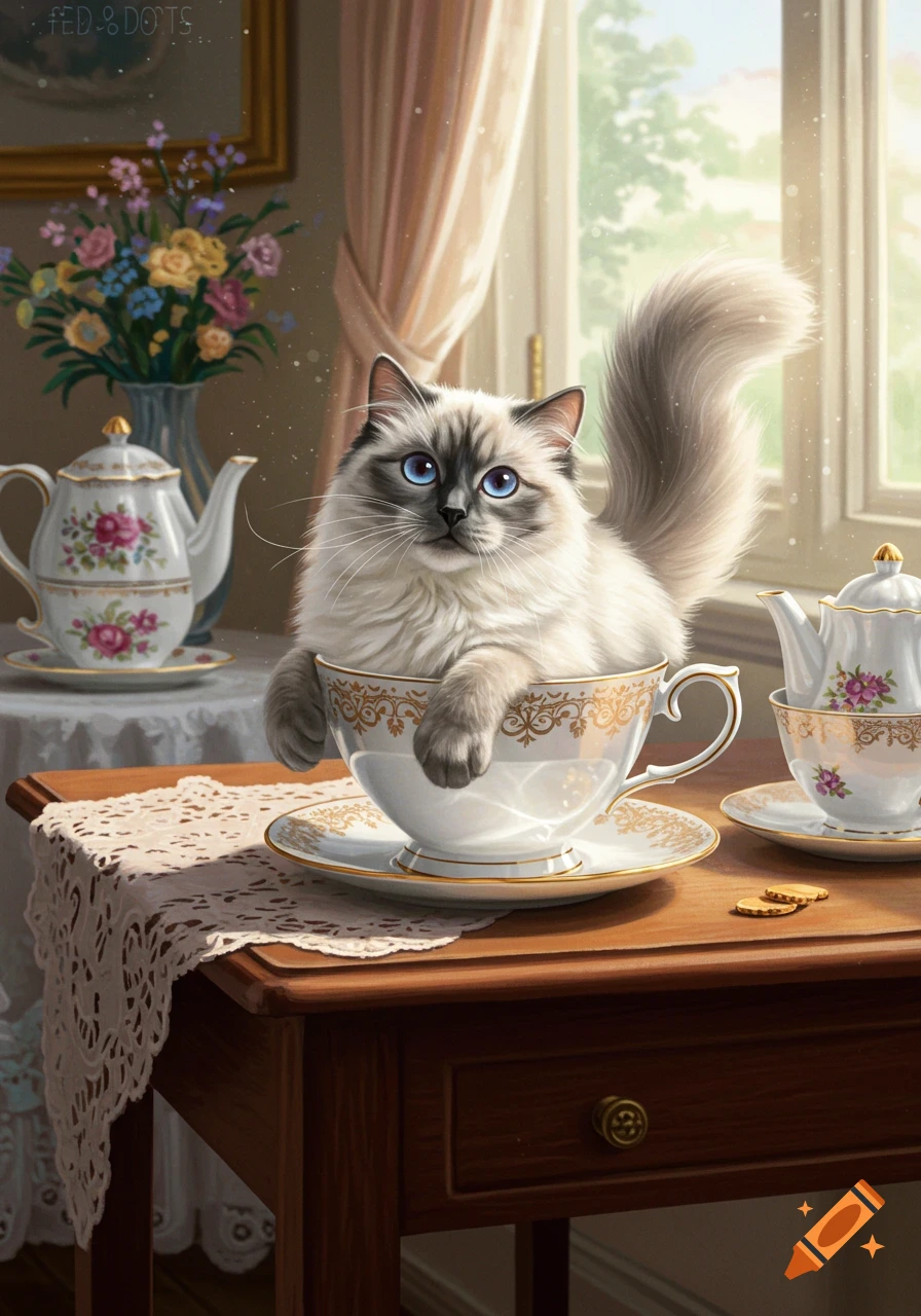 A fluffy Ragdoll cat with bright blue eyes sits inside a decorative white and gold teacup on a wooden table, next to a matching teapot and a vase of flowers, with a window in the background, in a digital painting.