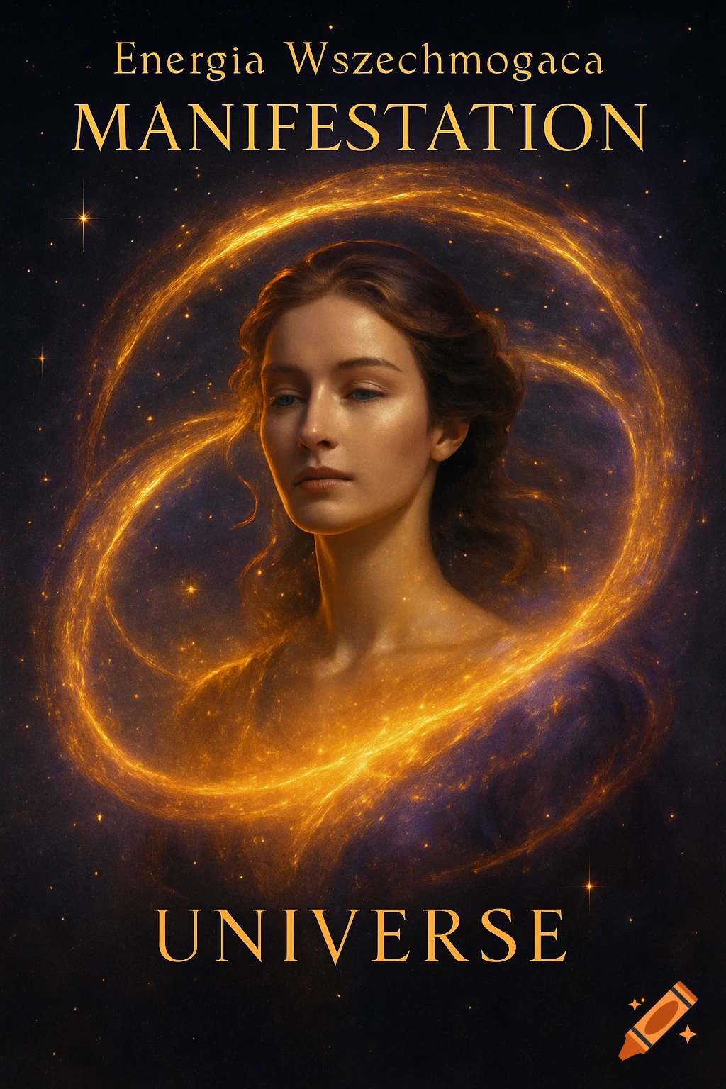 A magical portrait of a woman with a golden glowing aura and cosmic energy against a starry background. Text reads "Energia Wszechmogąca, Manifestation, Universe".
