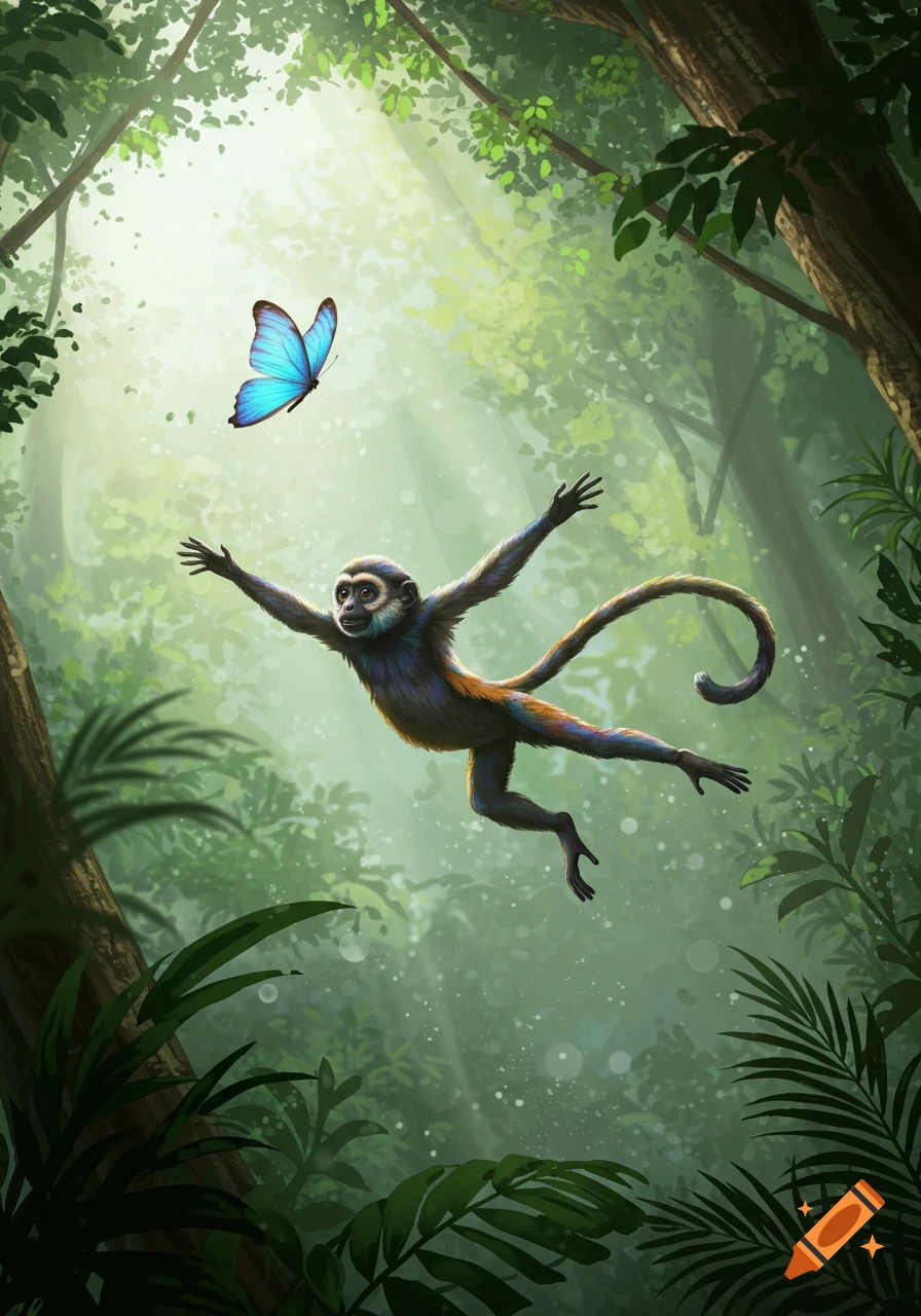 A vibrant monkey with outstretched arms flies towards a blue butterfly in a sunlit, green jungle, illustration.