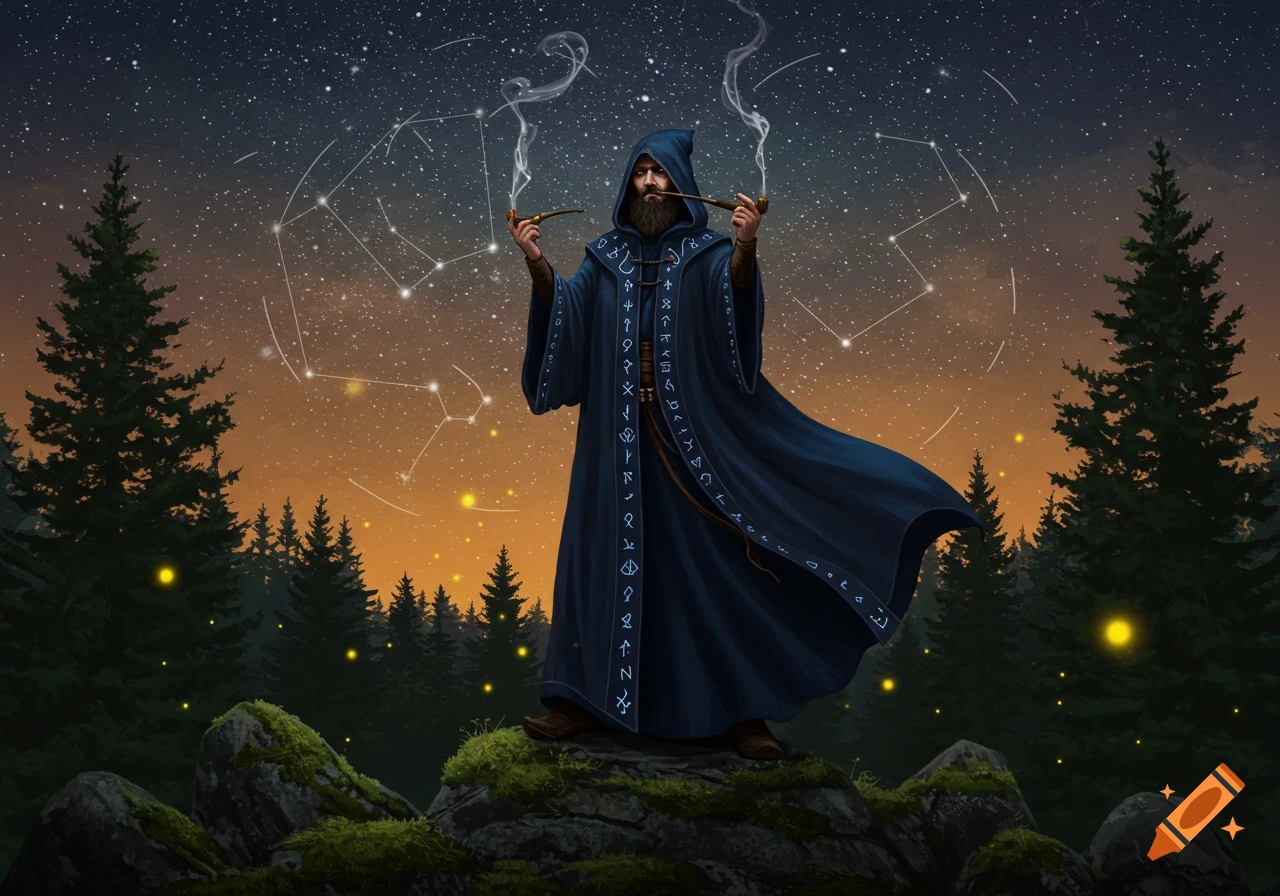 A bearded wizard in a blue hooded robe stands on a mossy rock, smoking two pipes under a starry night sky with constellations and a forest.