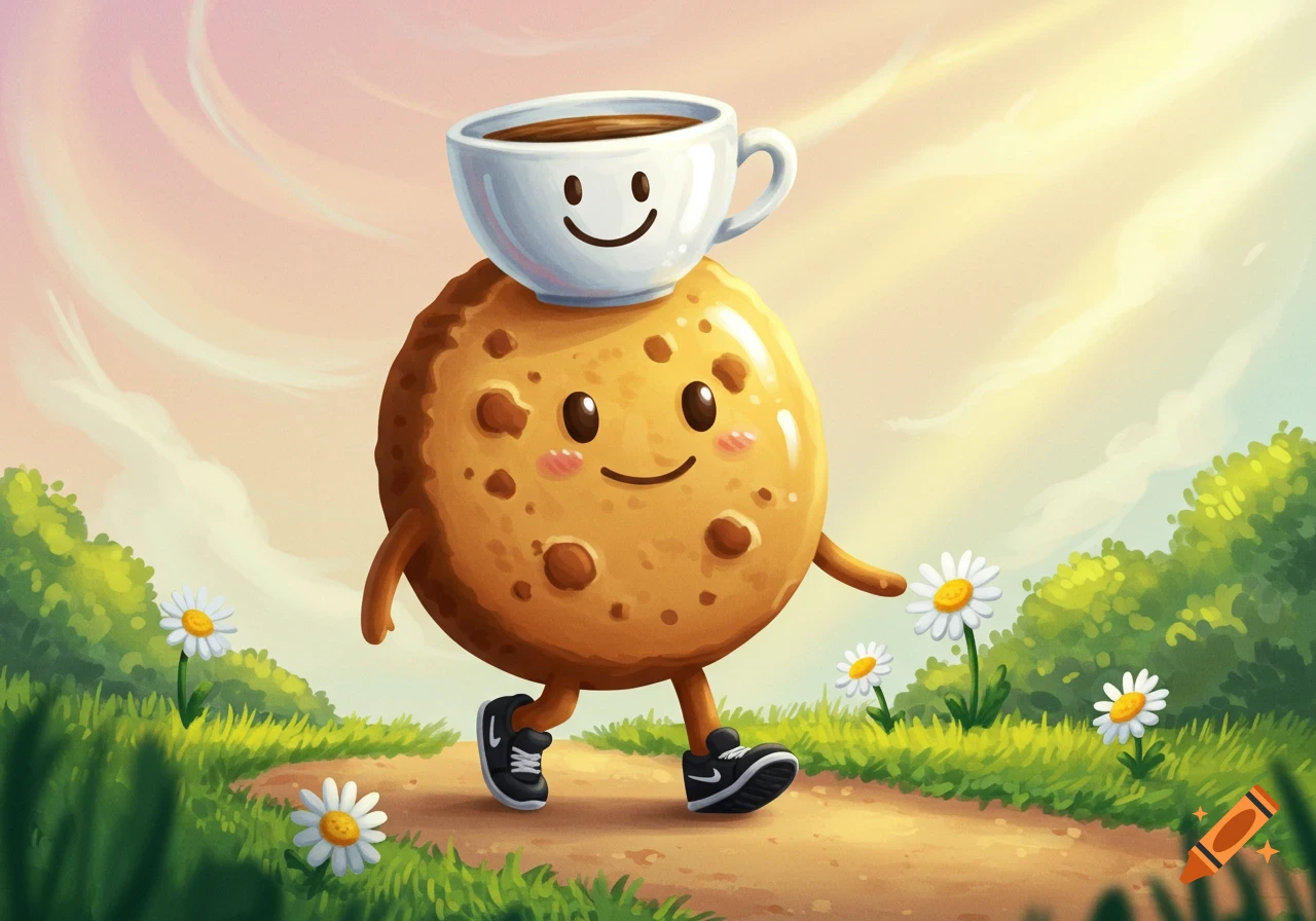 A cheerful cartoon cookie character with a coffee cup on its head walks on a dirt path through a sunny field with daisies, wearing black Nike shoes.