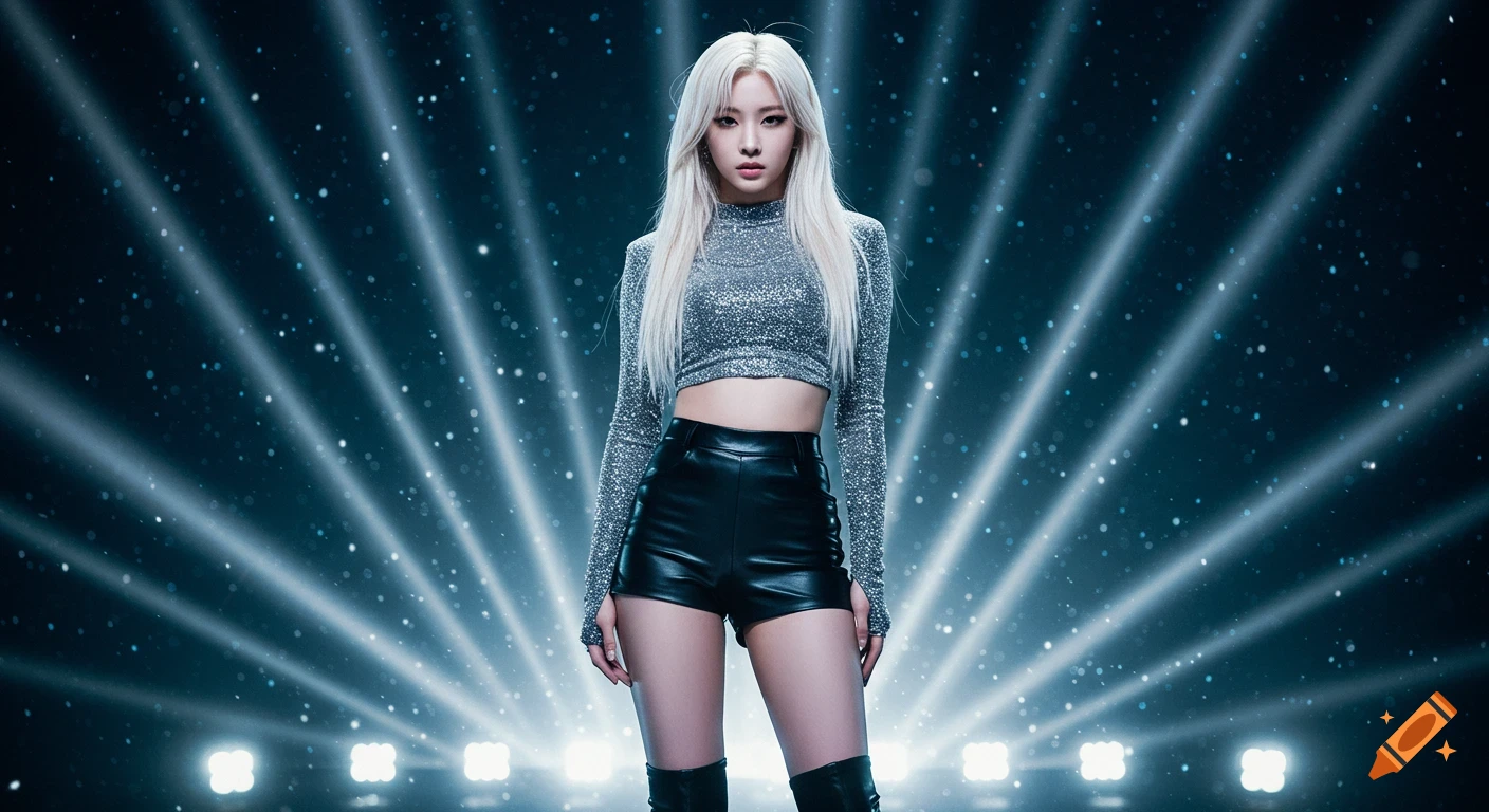 A hyper-realistic portrait of a K-pop idol with long platinum blonde hair, wearing a sparkling silver crop top and black leather shorts, standing under bright spotlights.