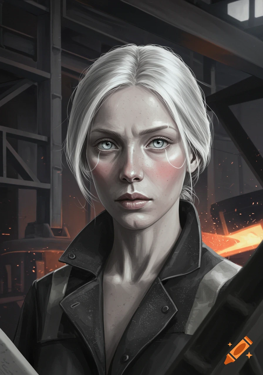 A digital painting of a woman with white hair, pale skin, and blue eyes, wearing dark industrial clothing against a glowing foundry background.