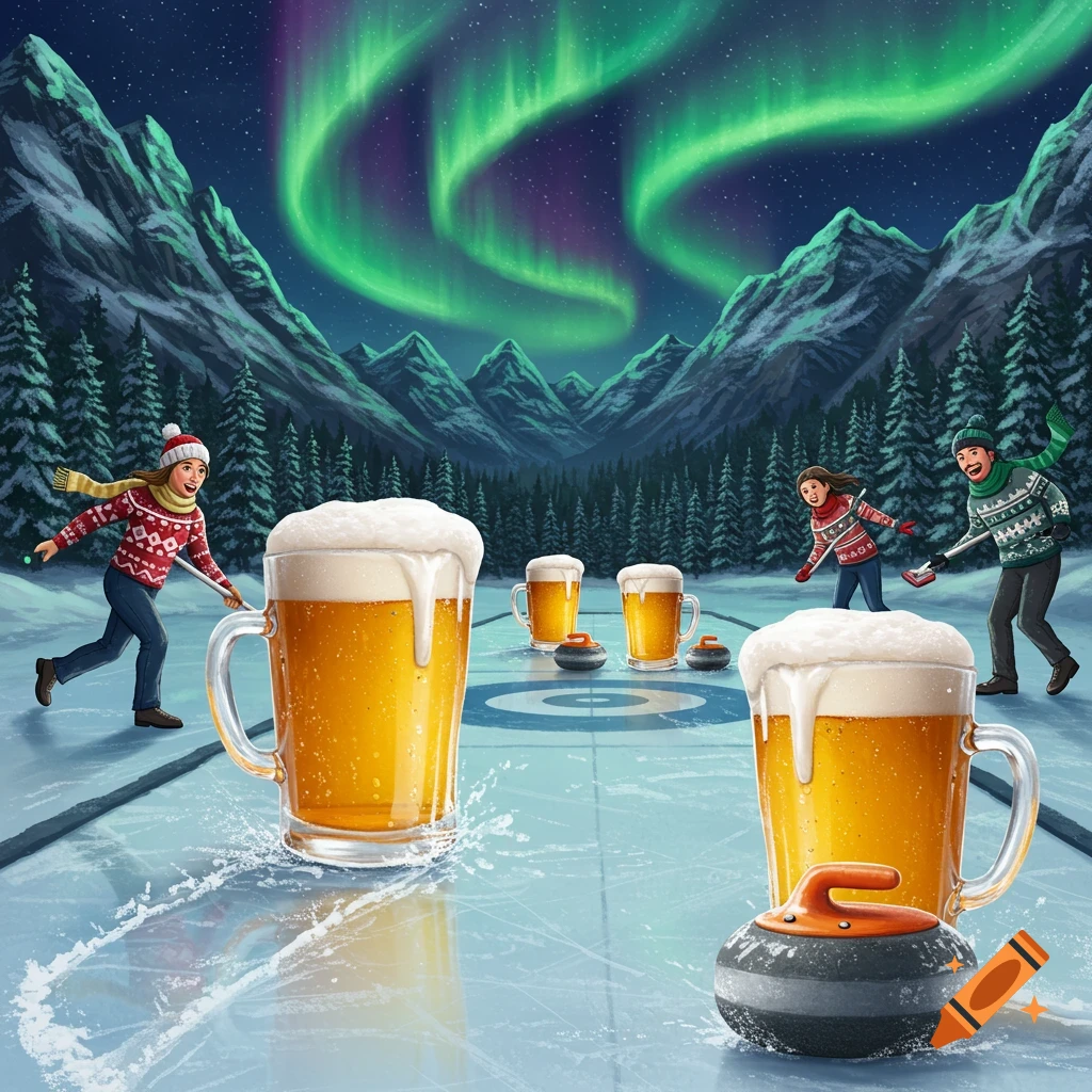 An illustration of people curling with giant mugs of beer on an ice rink under the aurora borealis in a snowy mountain landscape.
