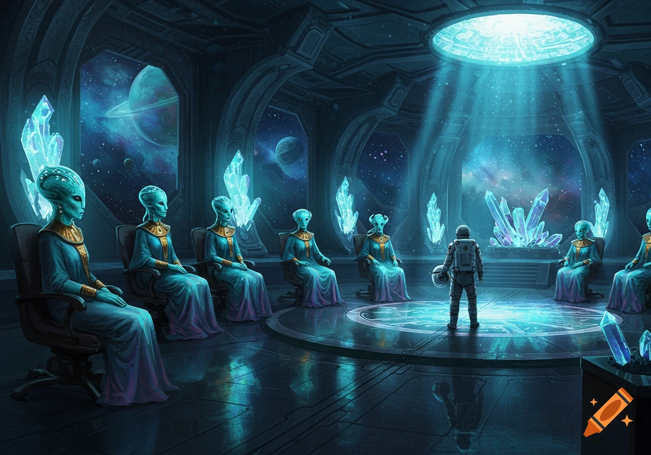 An astronaut stands before a panel of blue-skinned alien judges in a futuristic, crystalline council chamber with views of space.