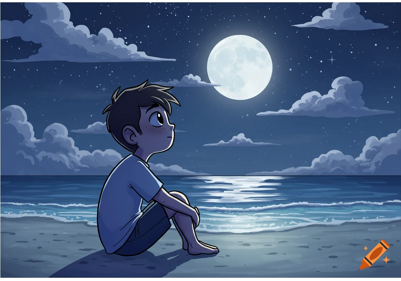 A cartoon boy sits on a moonlit beach at night, looking up at the large full moon over the ocean.