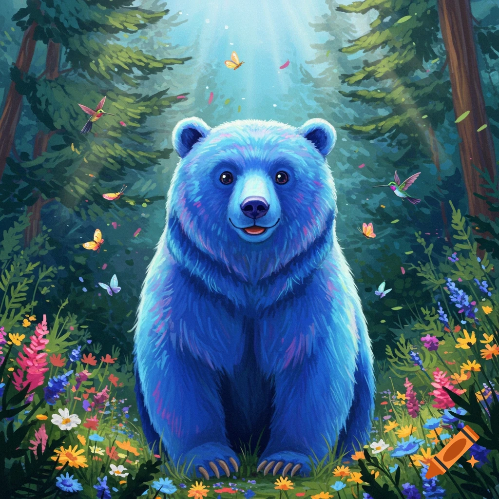 A vibrant blue bear with a friendly smile sits in a colorful wildflower field within a lush forest, with butterflies and hummingbirds.