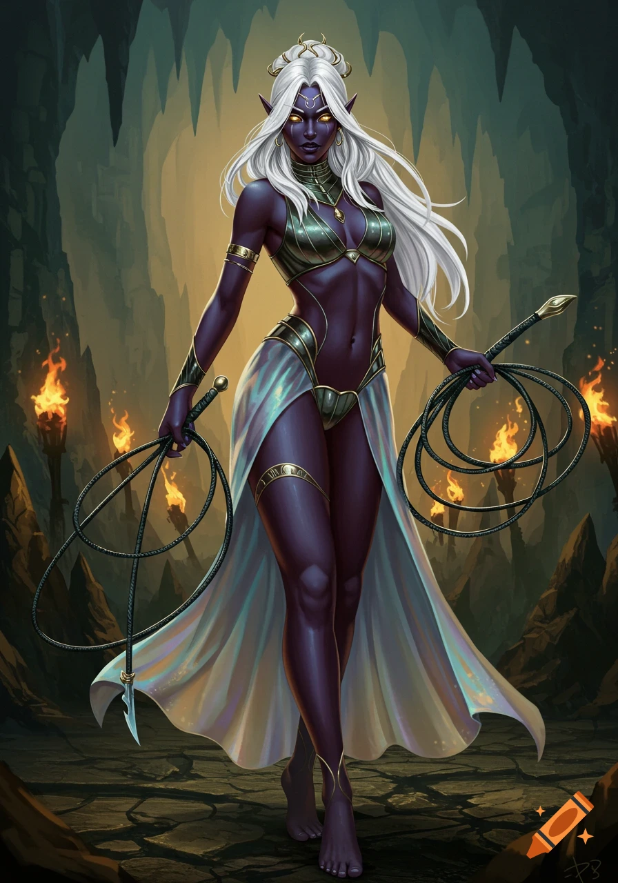 A dark-skinned drow elf with white hair and golden eyes wears a metallic corset and semi-translucent skirt, holding whips in a torch-lit cavern.