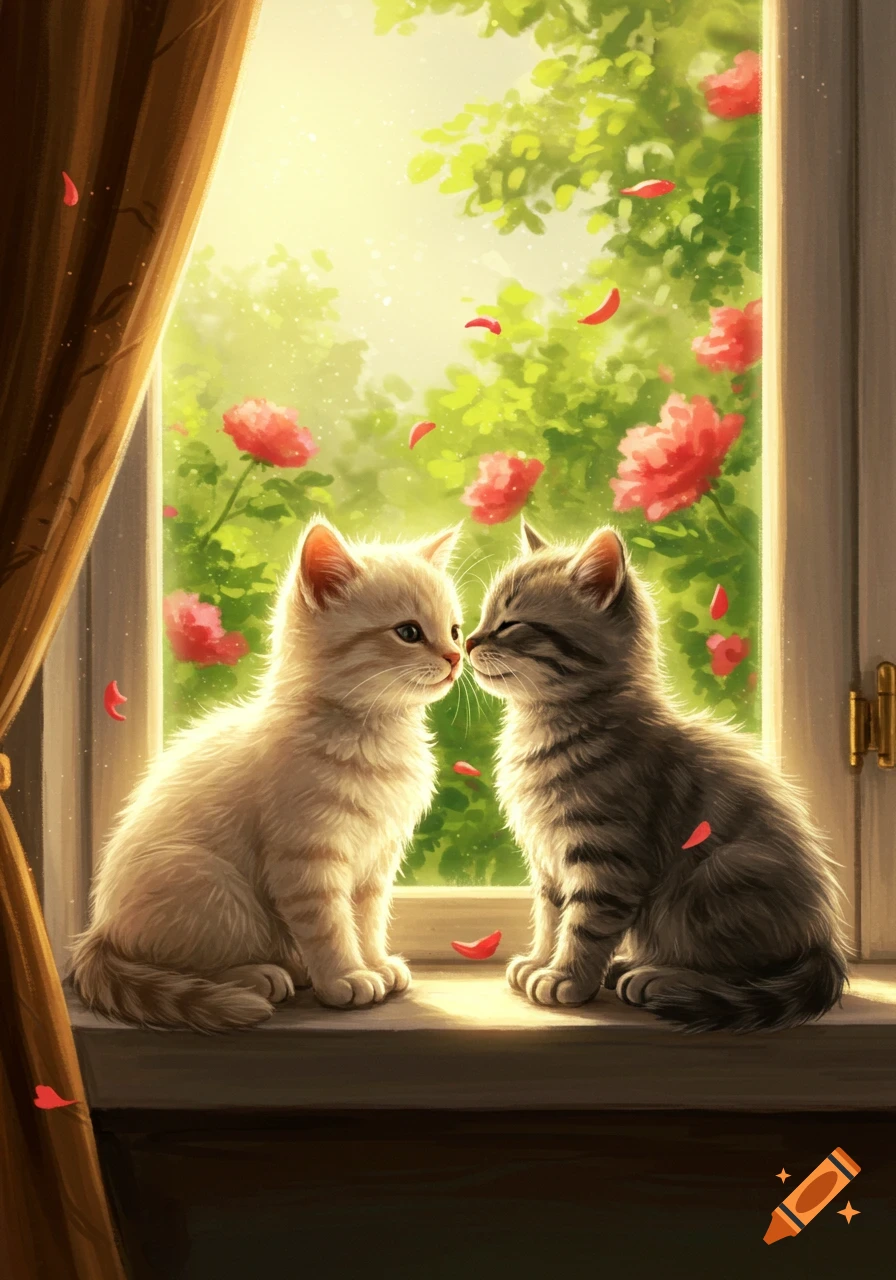 Two adorable kittens touch noses on a sunlit windowsill, with red flowers and green leaves outside.