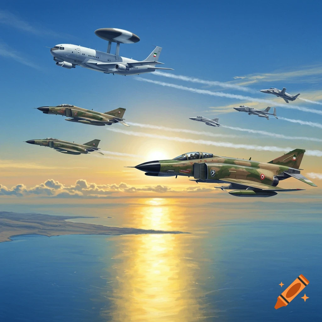 An E3 AWACS and several F4 Phantom fighter jets fly in formation over the Persian Gulf at sunset in an illustrative style. The AWACS shows a Kuwaiti flag, while the F4s show Iranian flags.