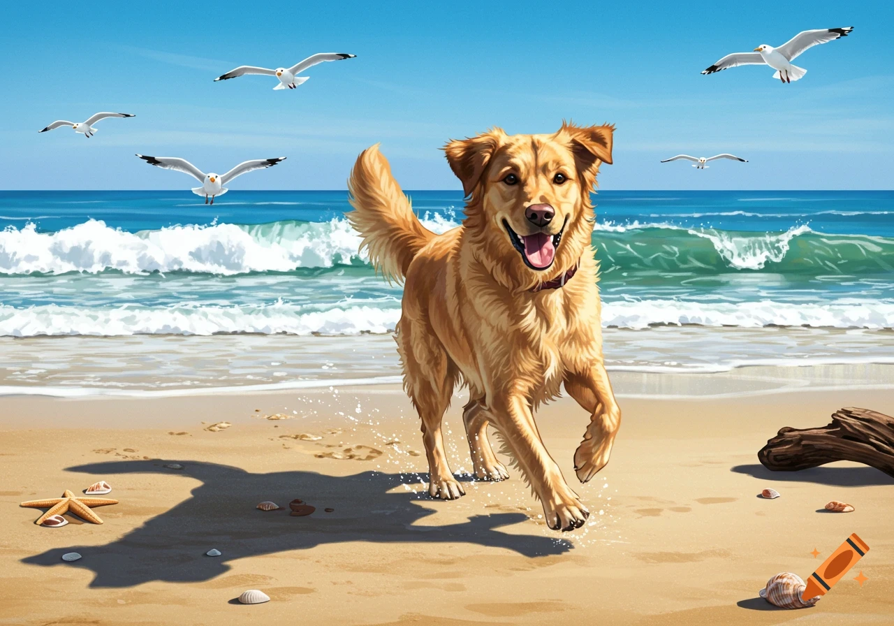 A happy golden retriever runs along a sunny beach with waves crashing and seagulls flying overhead in an illustrative style.