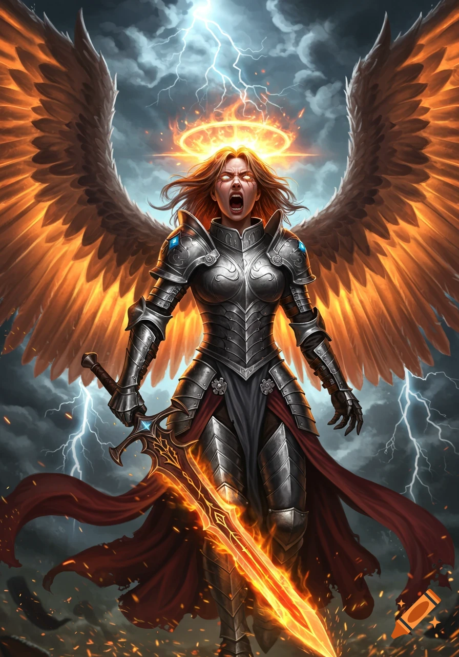 A raging female angel warrior in ornate armor with fiery wings, wielding a glowing sword under a stormy, lightning-filled sky.
