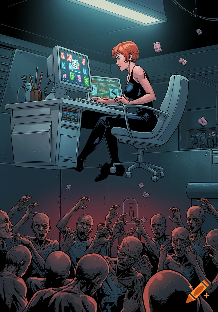 Comic book art of a red-haired woman coding at a futuristic flying desk, with zombie-like figures reaching up from below.