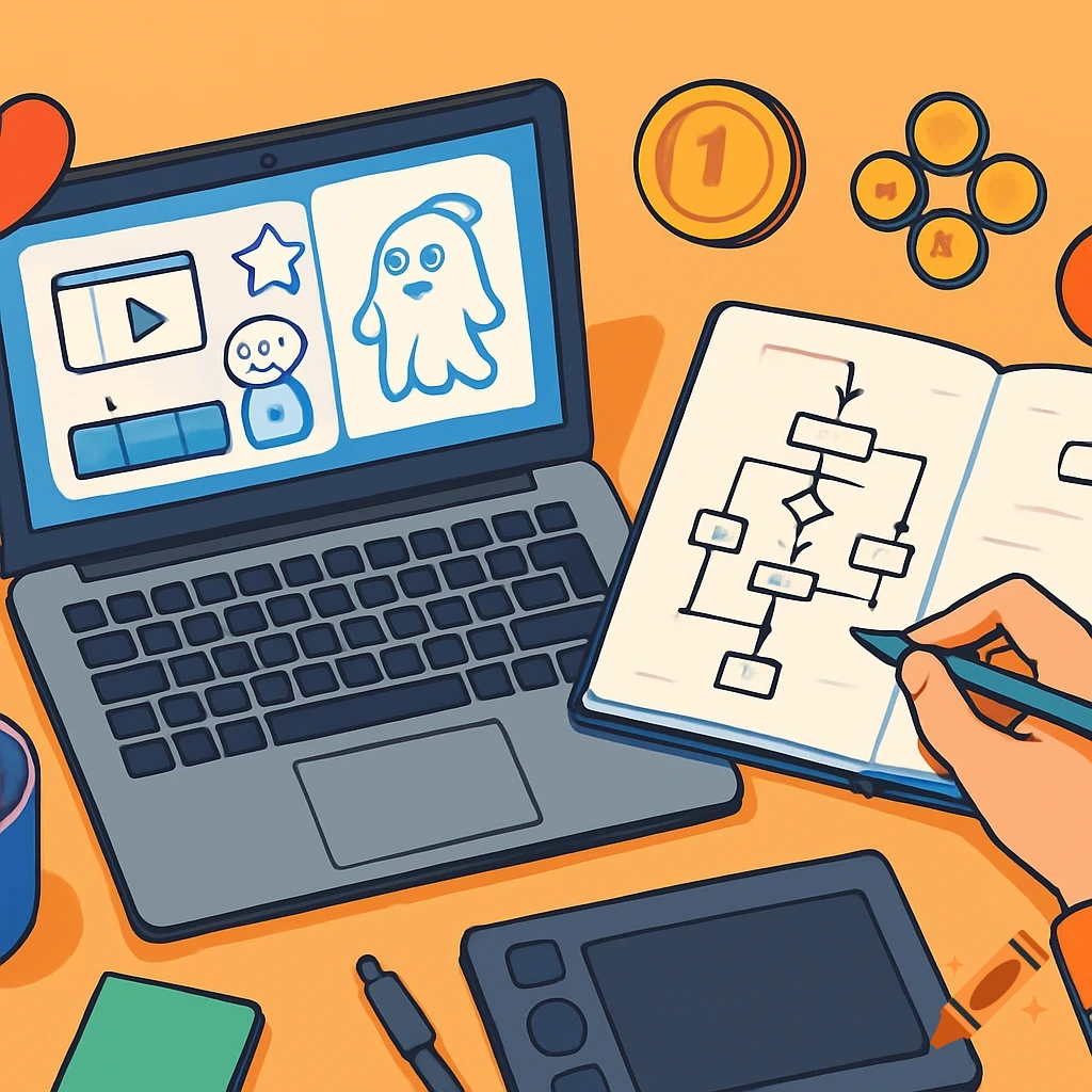 A flat vector illustration of a game design workspace with a laptop, notebook, graphics tablet, and game icons.