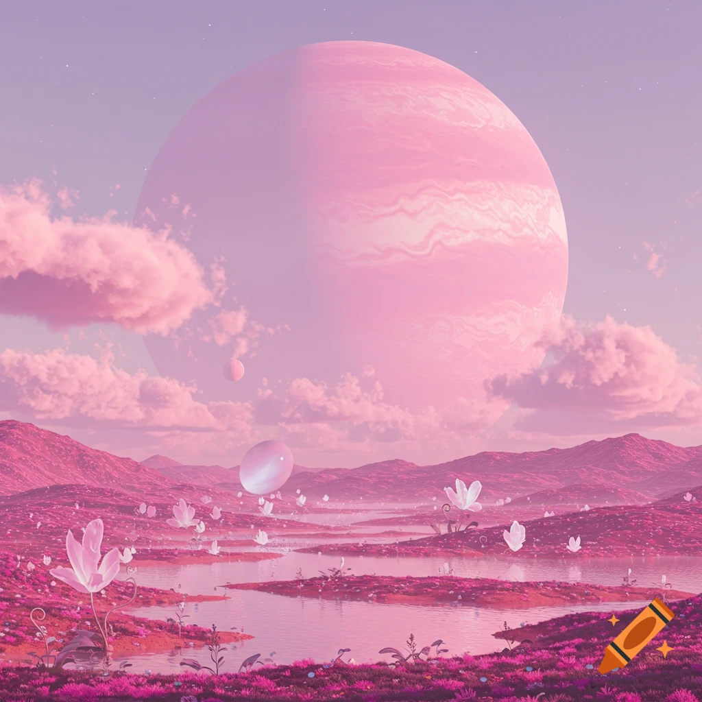 A large pink gas giant dominates the sky over a pink, alien landscape with glowing rivers and luminous flora.