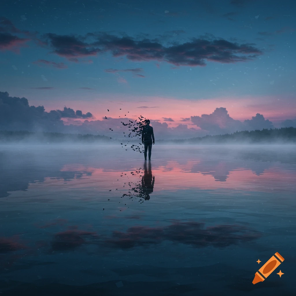A solitary figure dissolving into particles over calm, misty water at sunset with a pink and blue sky.