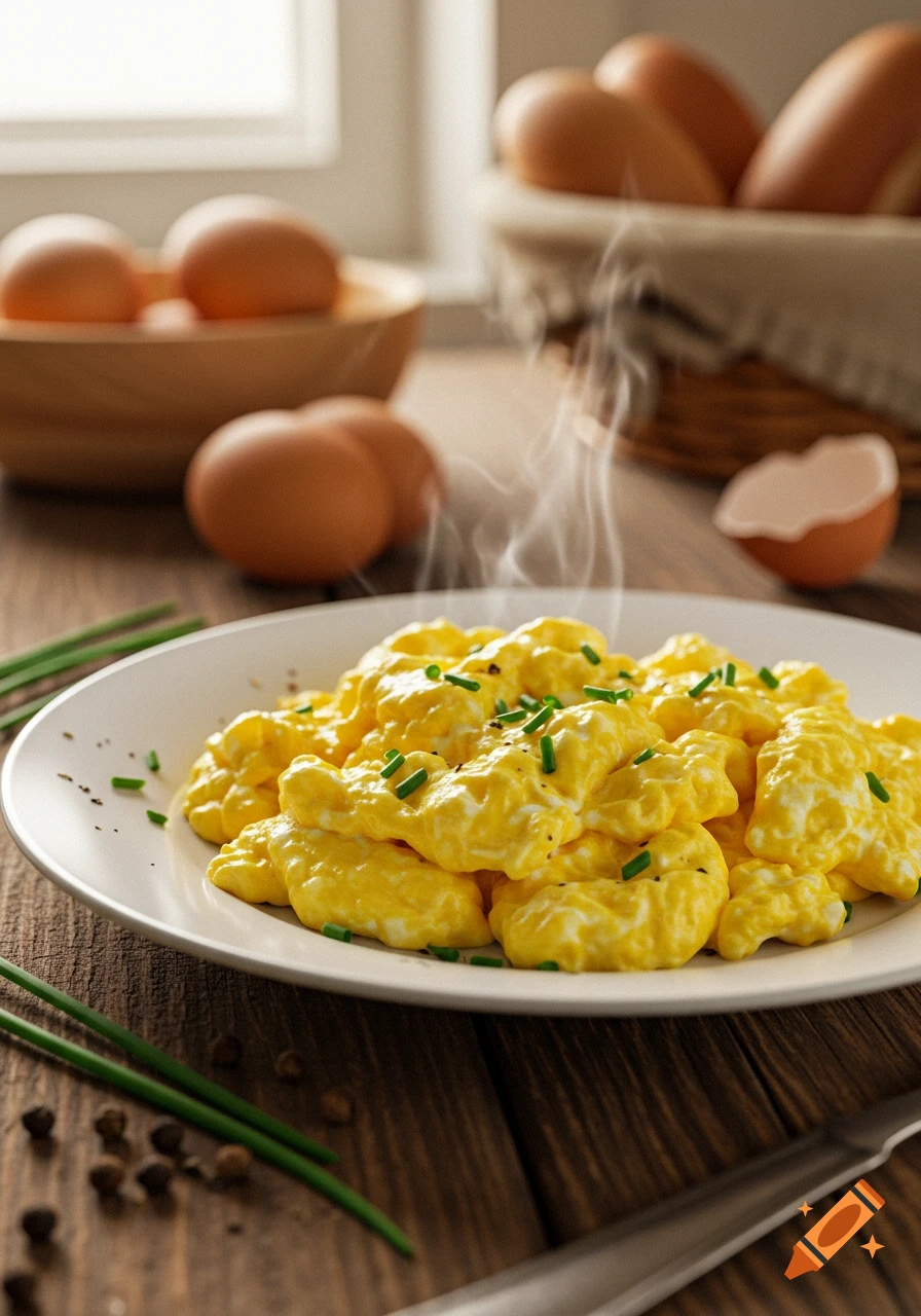 Steaming scrambled eggs topped with chives on a white plate, with whole eggs in baskets and an eggshell in a rustic kitchen setting, photorealistic.