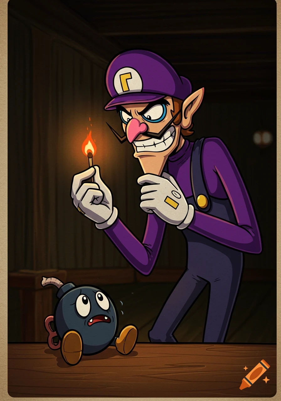 Waluigi grins mischievously, holding a lit match over a terrified Bob-omb on a table, in a cartoon style.