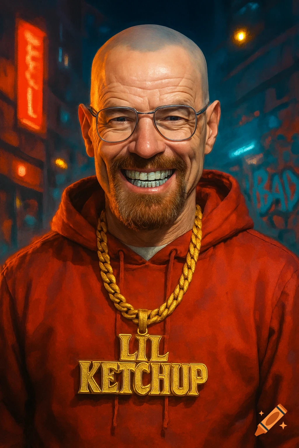 A bald man resembling Walter White with glasses, beard, and metal grills smiles, wearing a red hoodie and a gold chain with a 'LIL KETCHUP' pendant against a neon city background.