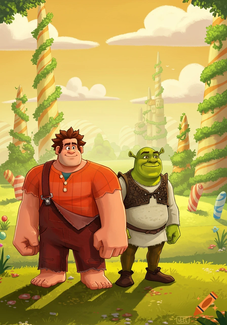 Wreck-It Ralph and Shrek stand together in a vibrant, candy-themed fantasy land with a distant castle.