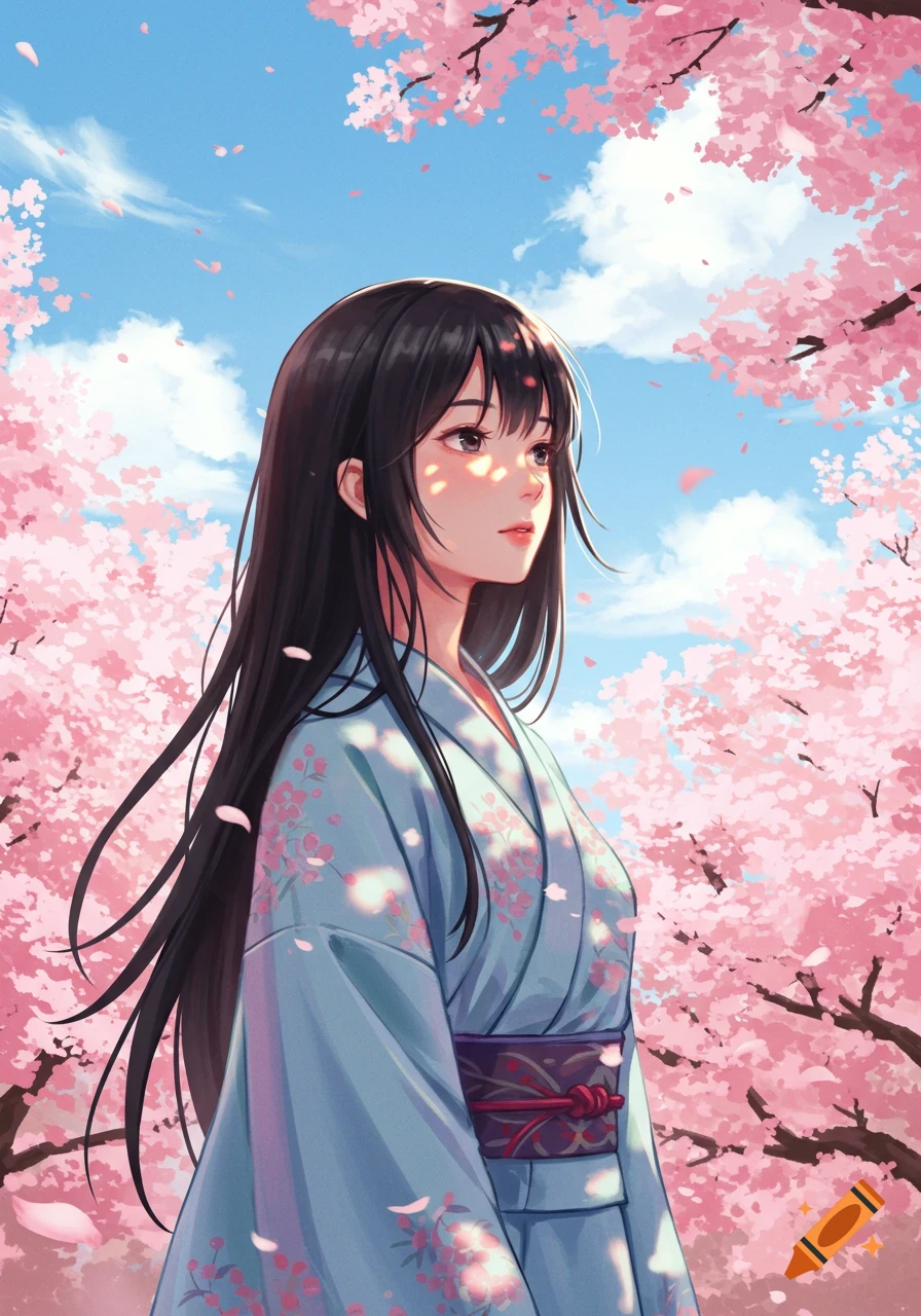 Anime girl in a light blue kimono with long black hair, surrounded by pink cherry blossoms under a blue sky.