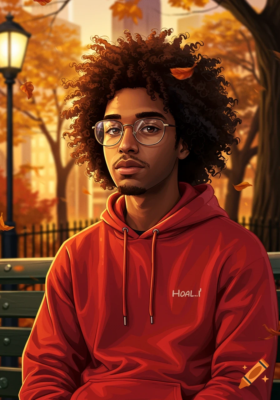 An illustrative portrait of a young man with curly hair and glasses in a red hoodie, sitting in an autumn park with falling leaves.