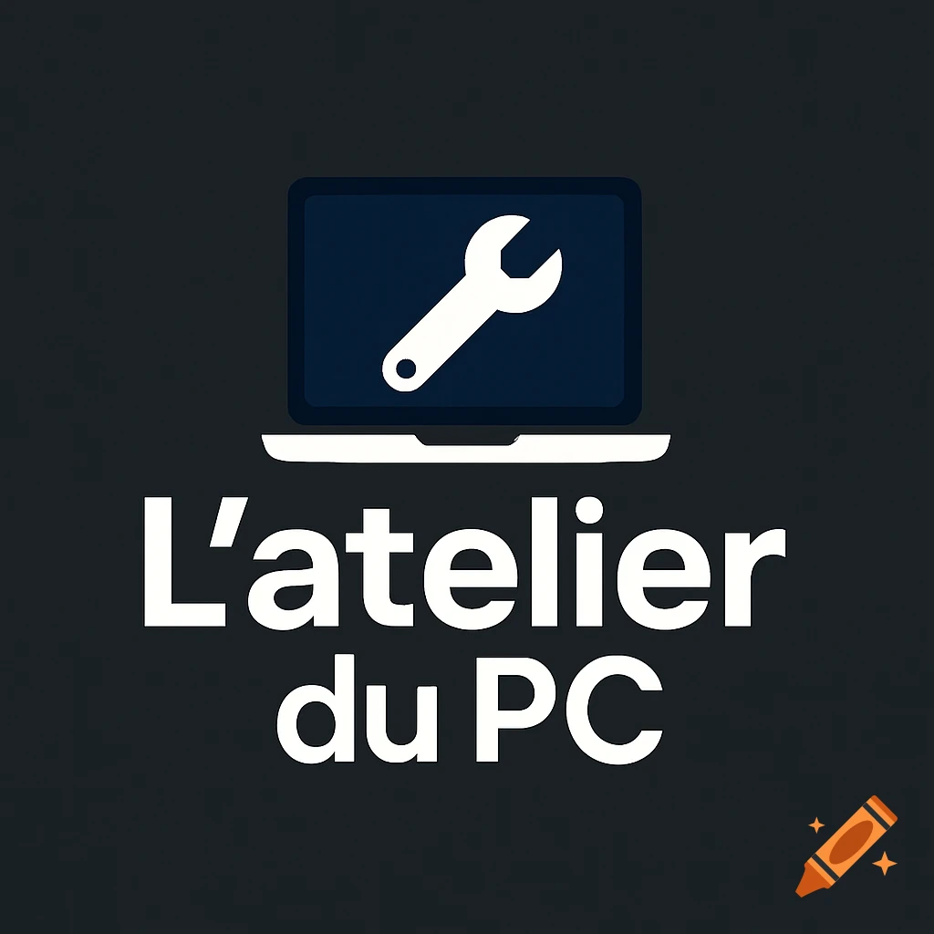 A logo featuring a white wrench on a dark blue laptop screen, above the white text "L'atelier du PC" on a dark grey background.