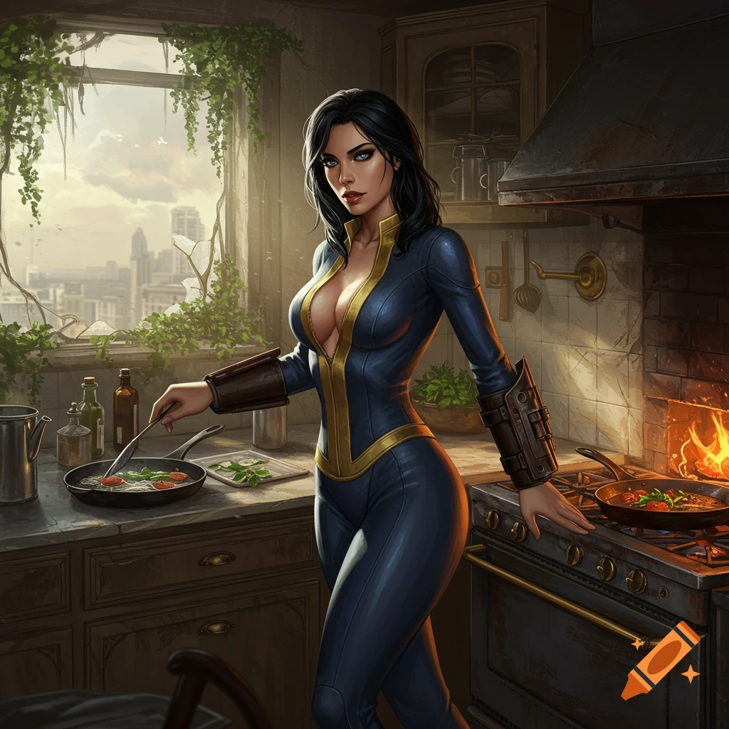 A stylized woman in a dark blue and yellow vault suit cooks in a partially ruined kitchen, city skyline visible through a broken window.