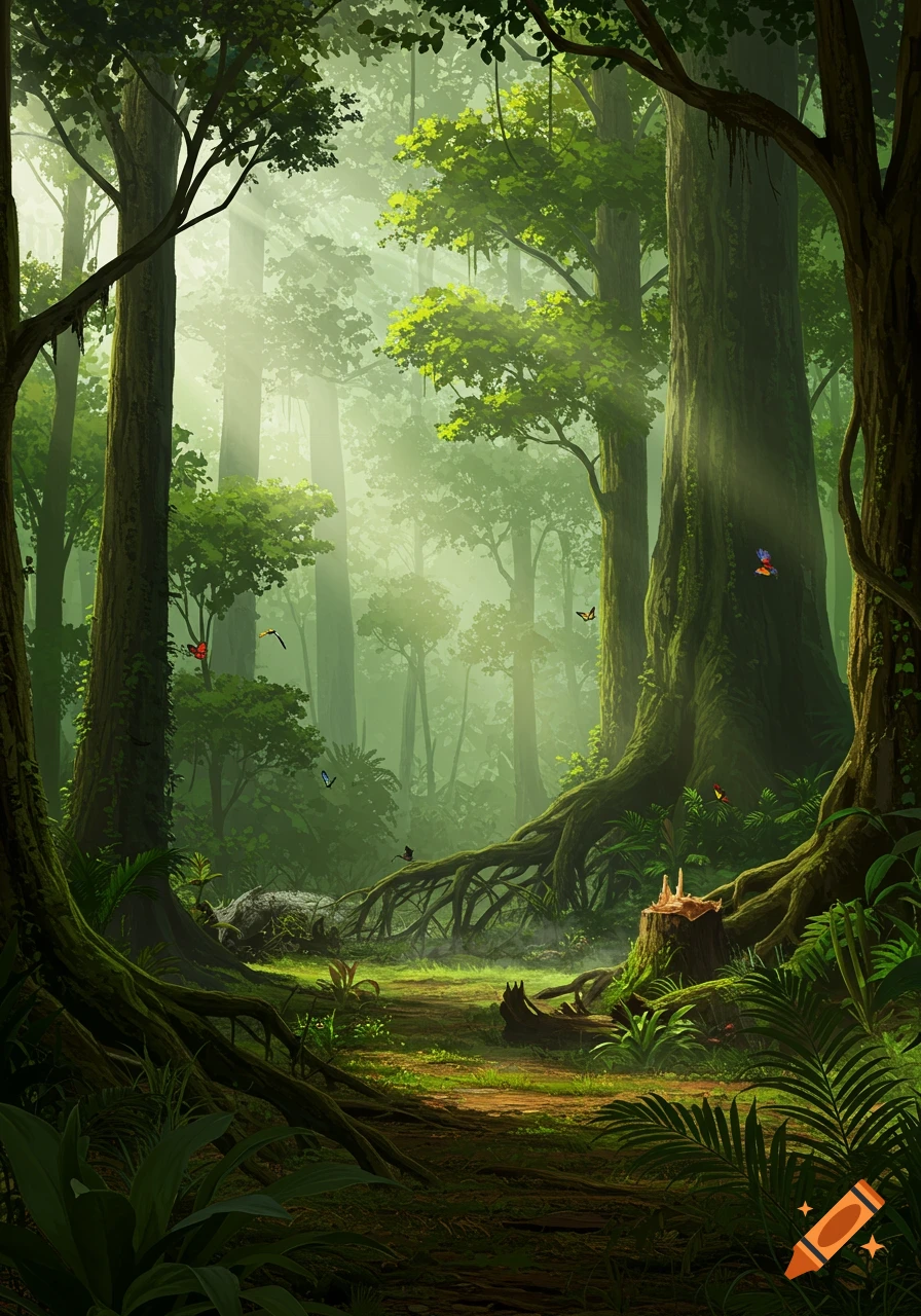 A lush, green rainforest with towering trees, tangled roots, sunbeams, and a path winding through the misty undergrowth. Digital painting.