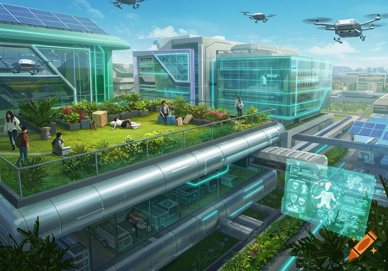 A futuristic university campus with a lush rooftop garden, students, flying drones, and a holographic display.