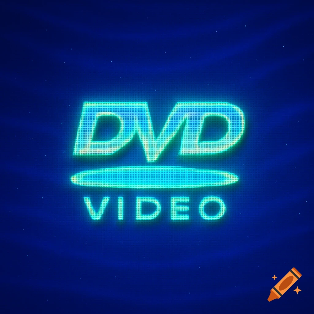A glowing, pixelated blue and green 'DVD VIDEO' logo on a dark blue background with small white dots, mimicking a retro screen saver.