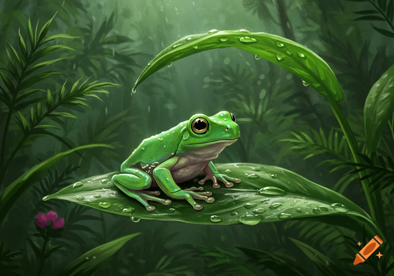 A vibrant illustration of a green frog on a large, dew-covered leaf in a lush jungle.