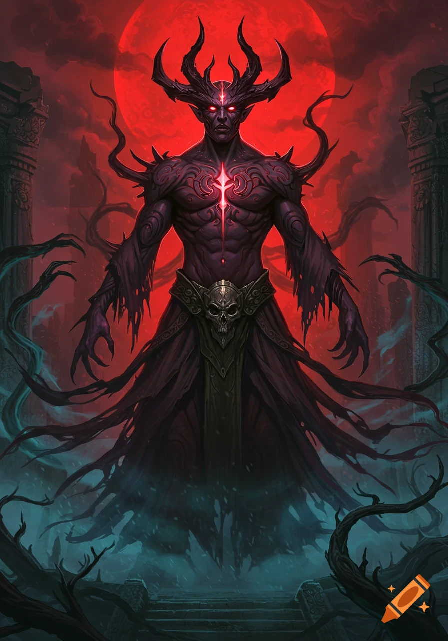 A terrifying horned deity with glowing red eyes and a glowing symbol on its chest stands before a blood-red moon in a dark, stylized fantasy illustration.