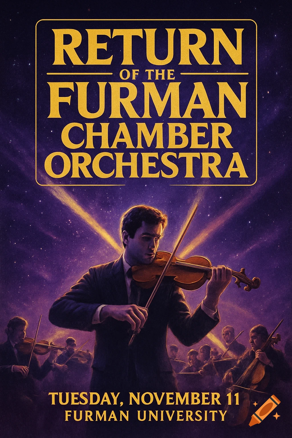 A retro sci-fi concert poster for "Return of the Furman Chamber Orchestra," featuring a violinist in a cosmic galaxy with light beams, other musicians in the background.