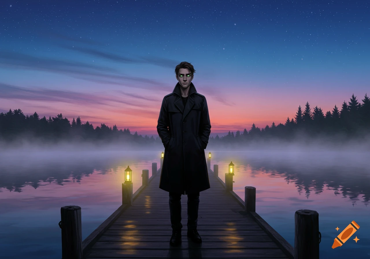 A mysterious man with glowing green eyes stands on a wooden pier over a misty lake at sunset, with a dark forest in the background.