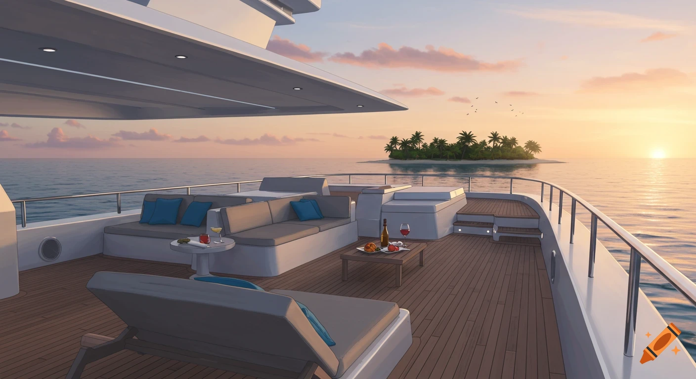 Luxury yacht deck at sunset with a tropical island and calm ocean in the distance.