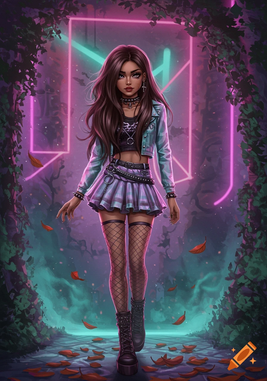Stylized illustration of a brown-haired girl in a crop top, denim jacket, plaid skirt, and fishnets, walking amidst neon lights and ivy.